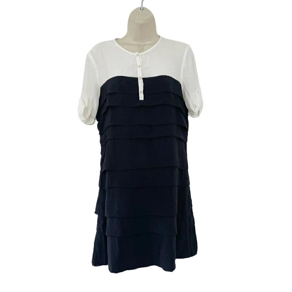 Sandro Woman's Sz 2 (US Sz M)  Black Tiered Dress w/ Cream Top Button Placket